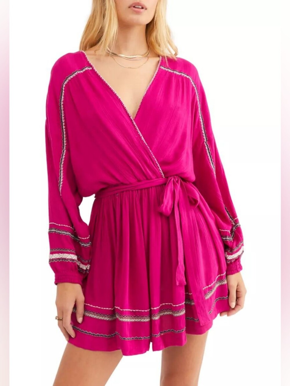 Free People Delilah Embroidered Wrap Mini Dress in Malibu Pink Xs MSRP $148